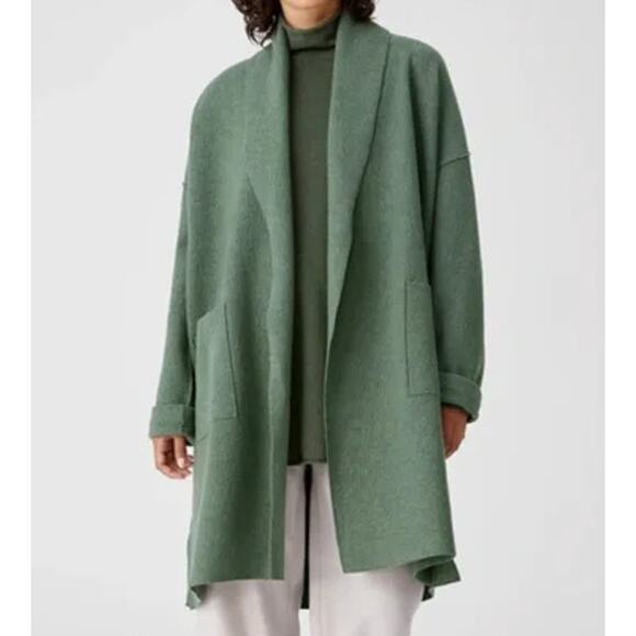 Eileen Fisher Lightweight Boiled Wool Coat Cardigan Longline Jacket Sweater - Picture 13 of 13